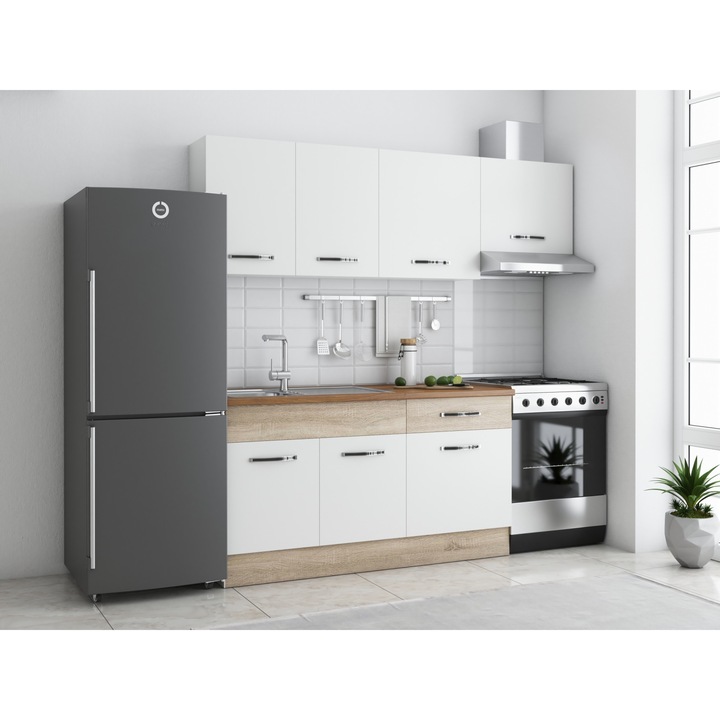 Bucatarie CB Furniture Sofia 200 cm, alb / sonoma, blat termic nuc, corp hota