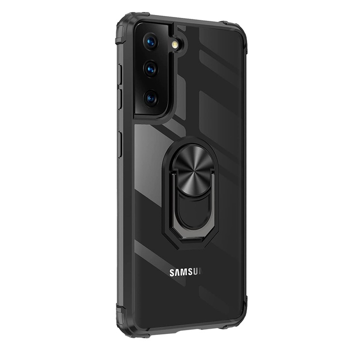 MobileSmart Mobiltelefon tok, kompatibilis: Samsung Galaxy S21 FE, Hybrid Anti-Shock, ütésálló, 360 fokban forgatható gyűrűvel és támasztékkal, fekete