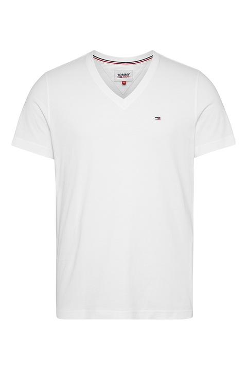 Tommy Jeans, Tricou de bumbac organic cu decolteu in V, Alb