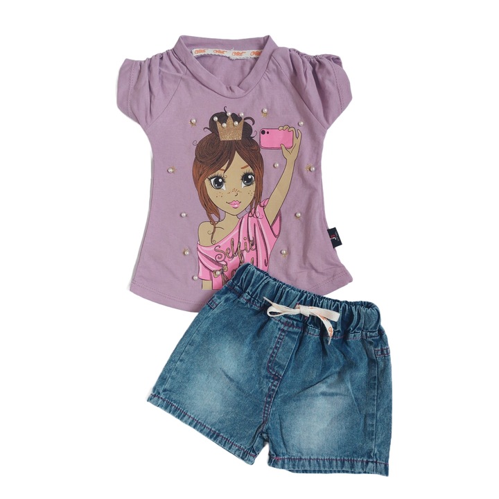 Set de tricou cu imprimeu si pantaloni scurti denim, Joist Baby, Mov/Albastru inchis