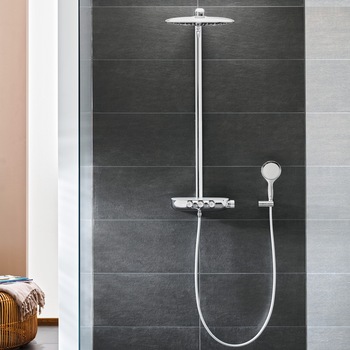 Sistem de dus cu termostat Grohe Rainshower SmartControl 360 DUO, montare aparenta, butoane push&turn, 3 functii, anti-calcar, etajera, para dus inclusa, Crom Sistem de dus cu termostat Grohe Rainshower SmartControl 360 DUO, montare aparenta, butoane push&turn, 3 functii, anti-calcar, etajera, para dus inclusa, Crom