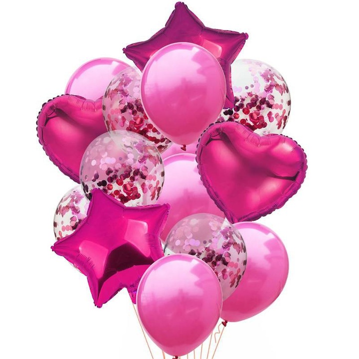 Set 14 baloane aniversare cu confetti, culoare roz fucsia, 45 cm, It's Party Time