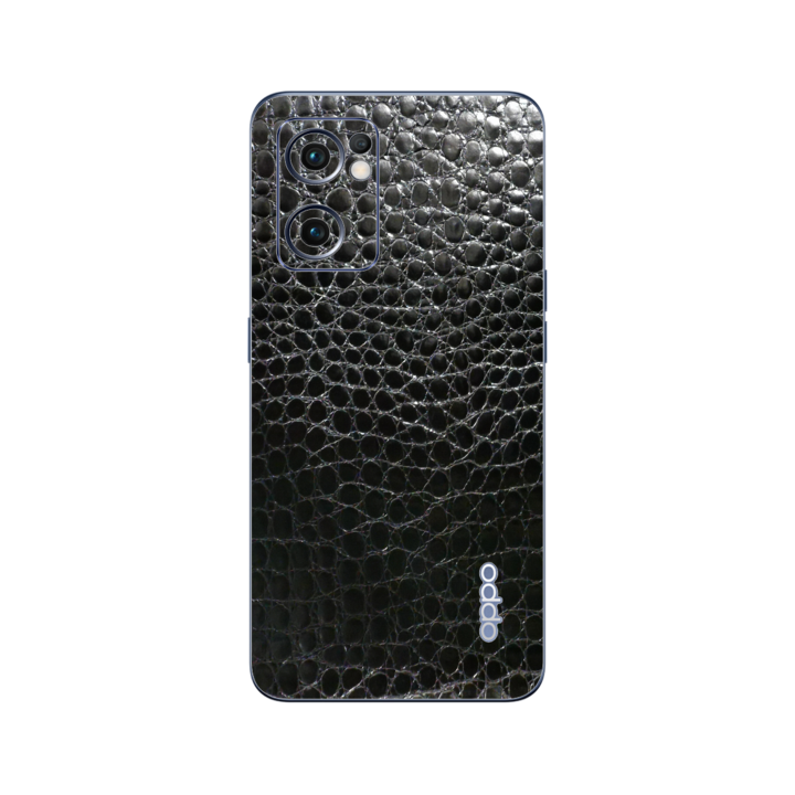 Folie iSkinz pentru Oppo Reno 7 5G - Piele Neagra Crocodil 360 Cut, Skin Adeziv Full Body Cover, Protectie Carcasa Spate si Laterale