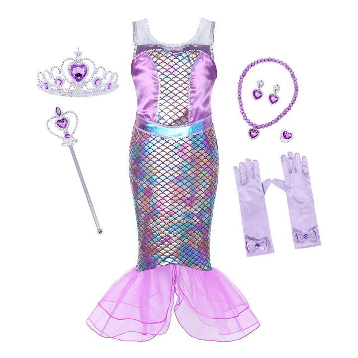 Set Rochie de sirena, AmzBarley®, cu paiete costum cu 6 accesorii, mov, bumbac/poliester, 7 ani, 130 cm, Halloween, Carnaval, Craciun, Paste, Ziua Copilului, Ziua Indragostitilor