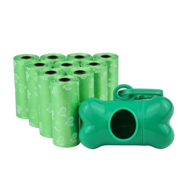 Set Dispenser in forma de Os cu 5 role de pungi igienice pentru caini paw print, biodegradabile, Verde