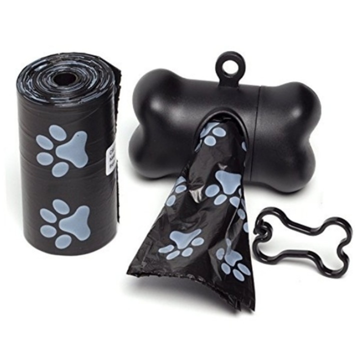Set Dispenser in forma de Os cu 5 role de pungi igienice pentru caini paw print, biodegradabile, Negru