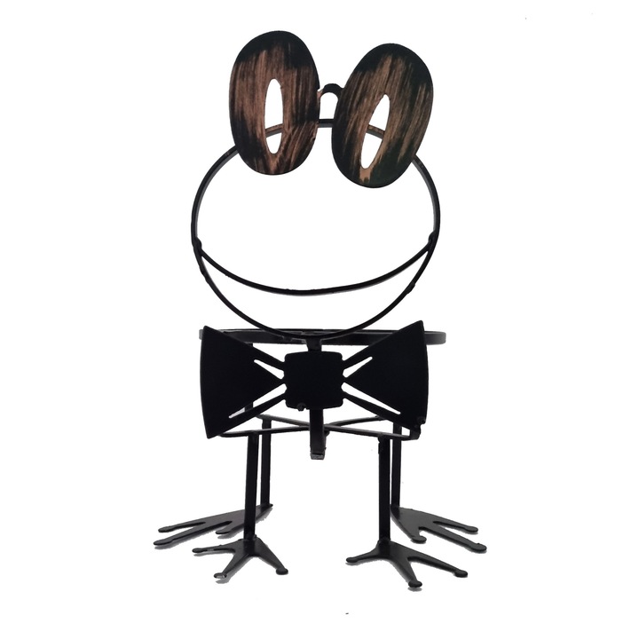 Suport pentru ghiveci, Broasca, material metal, negru si auriu, 26 x 22 x 35 cm, rezistenta la inghet