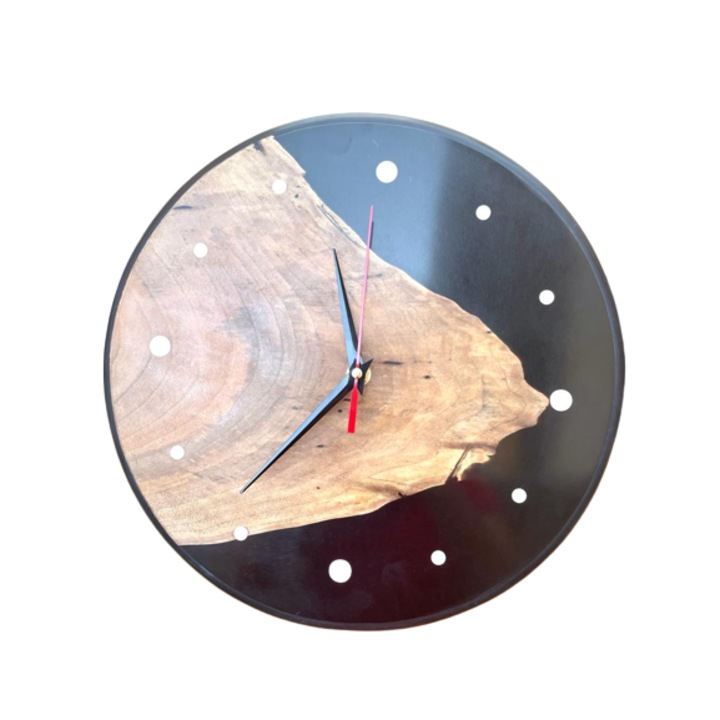 Ceas din lemn, cu rasina epoxidica neagra, diametru 30 cm