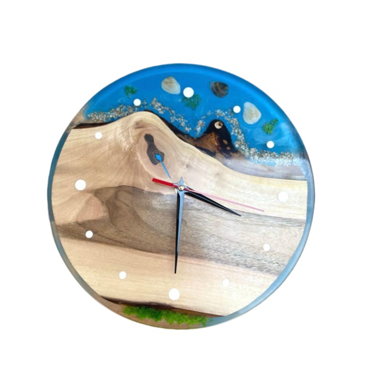 Ceas din lemn, cu rasina epoxidica, Albastra cu decor, diametru 30 cm