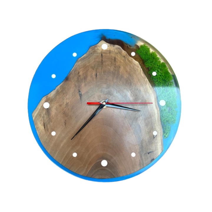 Ceas unicat din lemn , cu rasina epoxidica, Albastra, diametru 30 cm