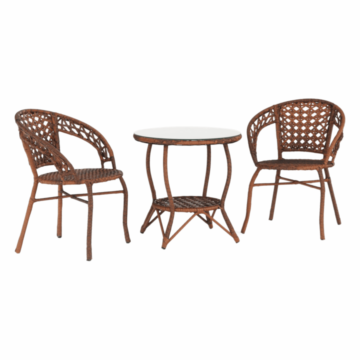 Set mobilier gradina DacEnergy©, fabricat din ratan sintetic si otel, masa rotunda si 2 scaune, fixa, maro deschis