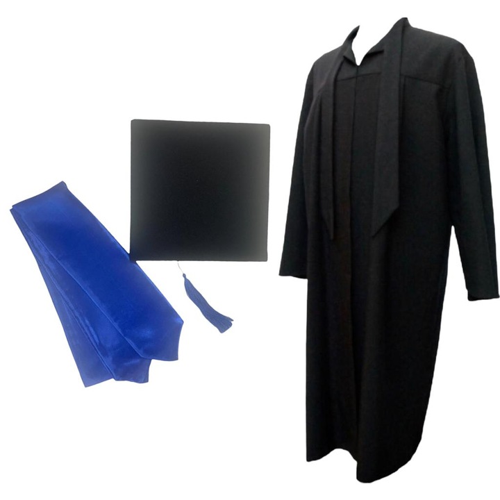 Set absolvire, roba, toca si esarfa, pentru studenti, marime universala, negru si albastru royal