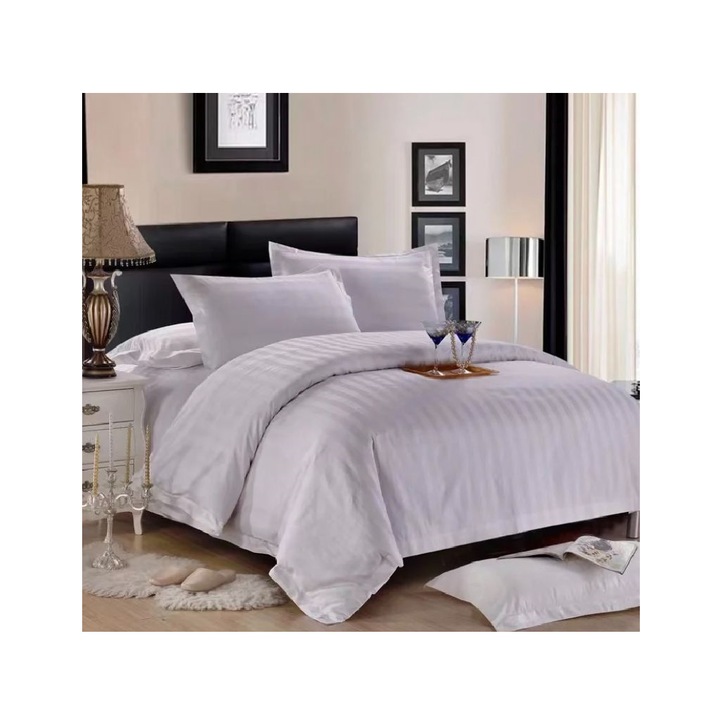 Lenjerie de pat XXL pentru 2 persoane Damasc Alb, Ralex Pucioasa, 100% bumbac, 4 Piese, Recomandat pentru 200x230 cm