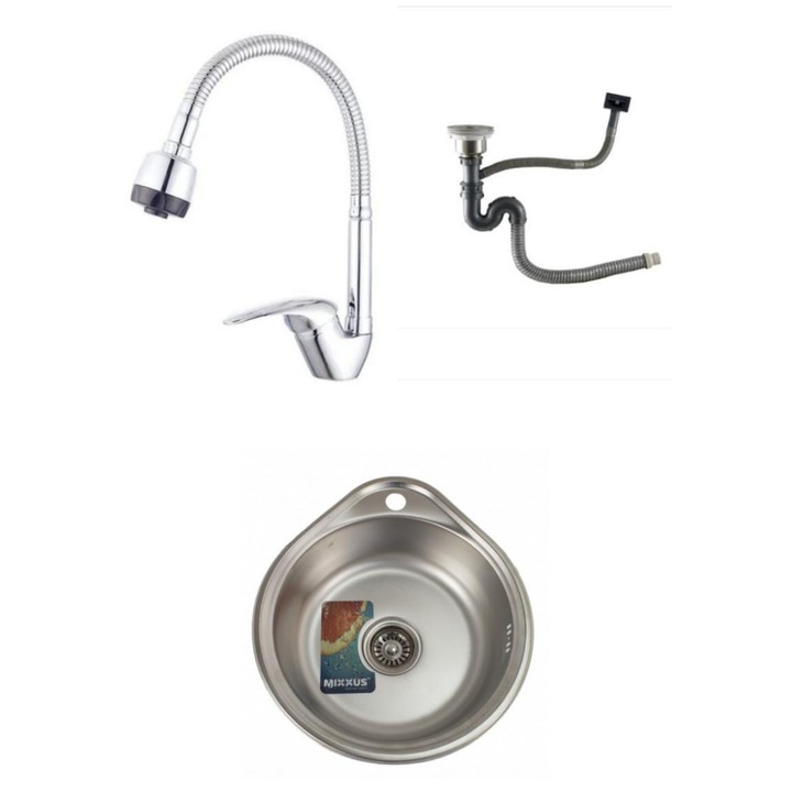 Set, 3 componente, Chiuveta blat 48 x 43 cm, cuva rotunda, baterie lebada flexibila, sifon de scurgere 9 cm, Raulconstruct, anticalcar cu izolatie