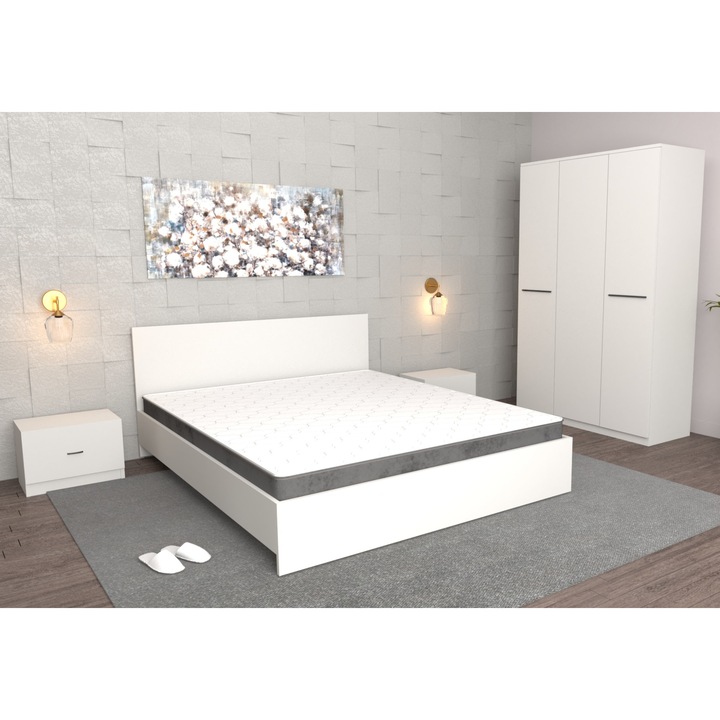 Set Dormitor Roxana Alb cu pat 140x200 cm, cu dulap 123 cm x 192 cm cu usi batante si noptiere 44x32x23 cm