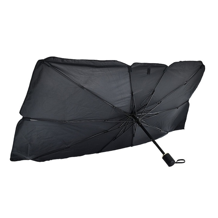 Сгъваем автоматичен сенник, за кола, форма на чадър, 145 x 75 см, UV устойчив, черно-сребрист