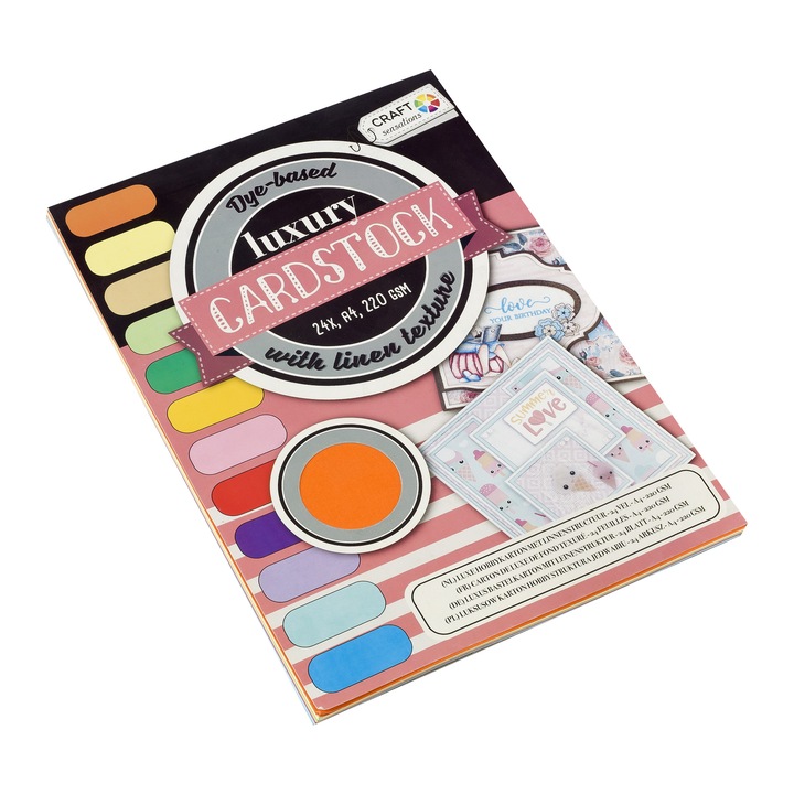 A4-es texturált prémium karton blokk, 24 lap, 220 g, 12 szín, Craft Sensations