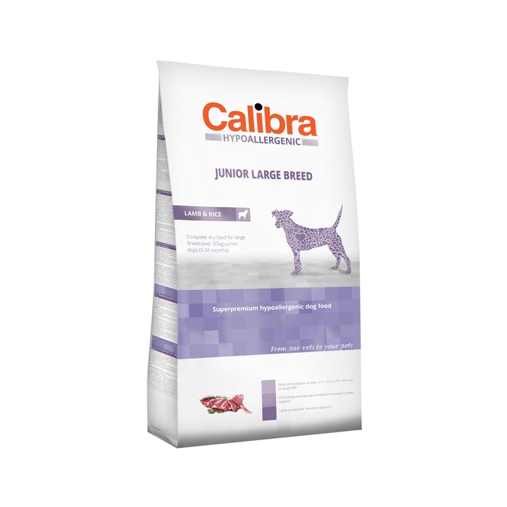 Hrana uscata pentru caini, Calibra Hipoalergenic, Junior, Talie mare, Miel & Orez, 3Kg