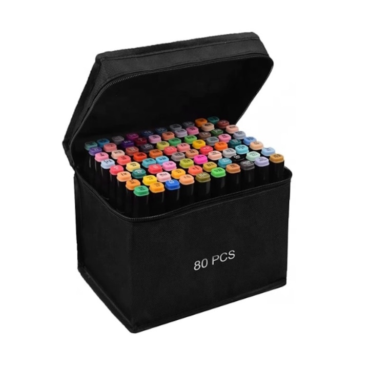 Set 80 markere colorate, 2 varfuri grosimi diferite, geanta depozitare, culori vivide