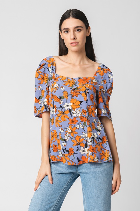 Vero Moda, Bluza cu model floral si decolteu patrat Anne, Alb fildes/Portocaliu mandarina/Violet prafuit, XS