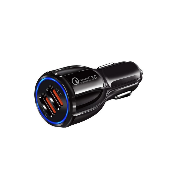 Autós töltő 2 USB aljzattal, Quick Charge 3.0 csatlakozóval, fekete