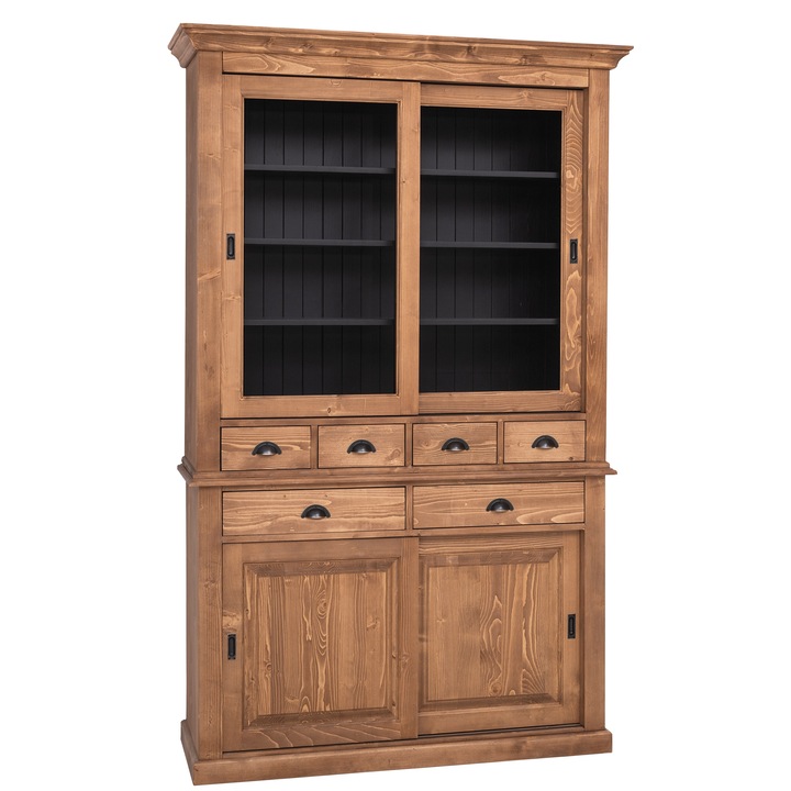 Bufet cu 2 usi glisante, 2 sertare si 4 sertare, 2 usi sticla glisante, vopsit, culoare exterior maro, interior negru, 100% lemn masiv, 142x225x48