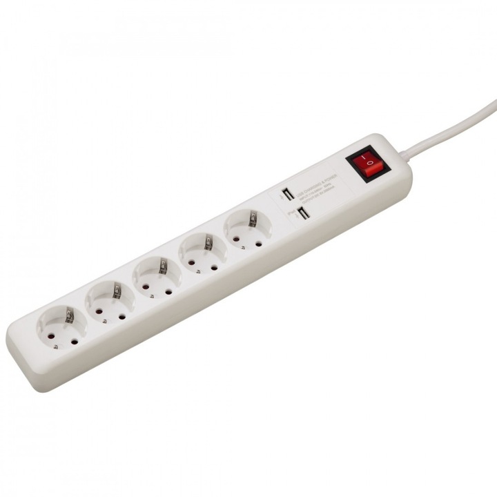 Разклонител HAMA 137201, 5 гнезда, 2 x USB A, 1,5м, бутон вкл/изкл, Бял