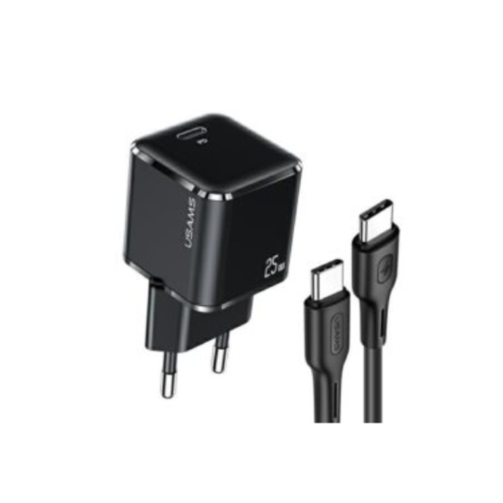 Hálózati töltő Usams T42 mini, gyorstöltés, 1xUSB-C, PD3.0, 3A, 25W, USB-C-USB-C kábel, fekete
