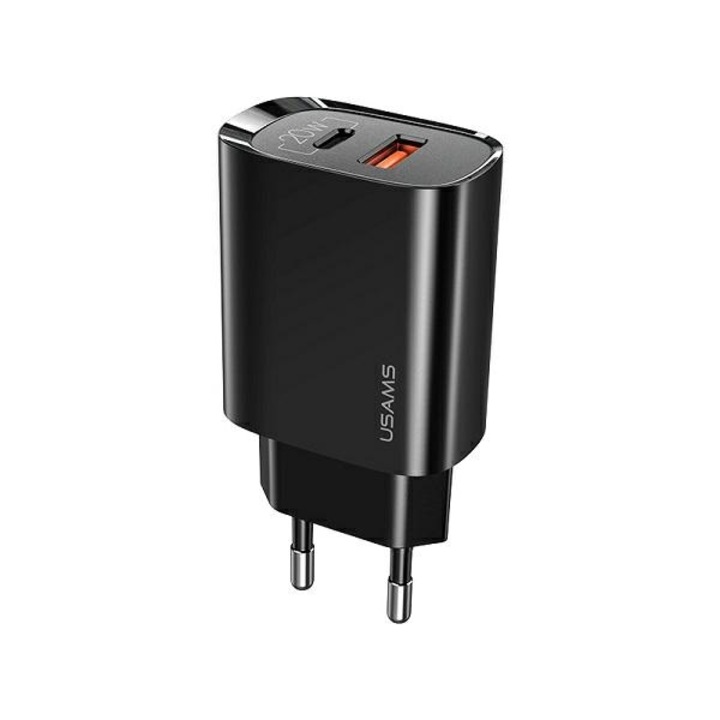 Мрежово зарядно Usams T35, Fast Charging, 1xUSB, 1xUSB-C, PD3.0, 20W, Black