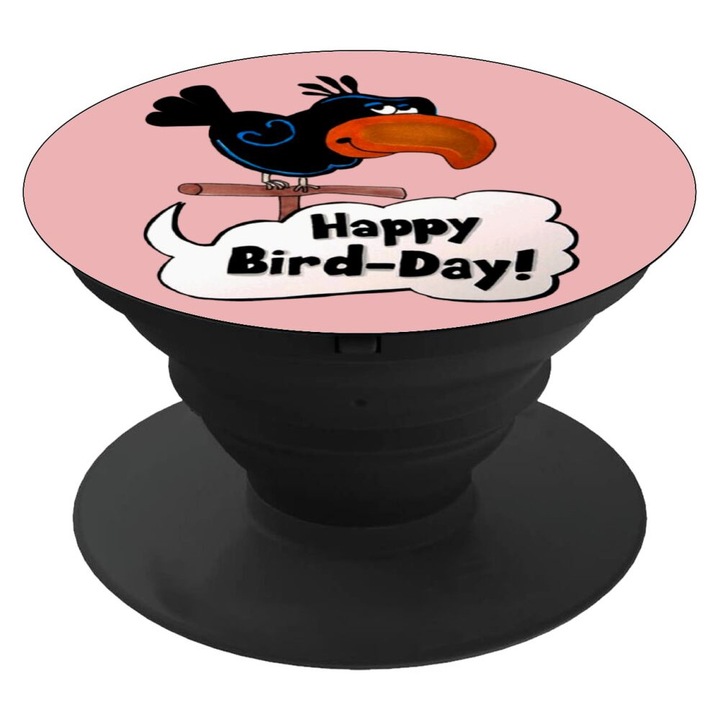 Suport telefon Happy Bird Day, 4 cm, Roz/Negru