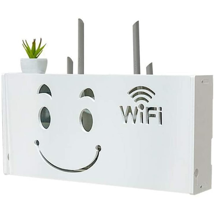 Suport router wireless, pentru mascare fire si echipament WI-FI, posibilitate montare carcasa pe perete, model fata zambitoare, 39x20 cm, alb, buz