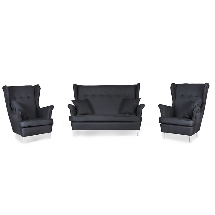 Set canapea + 2 fotolii Family Meble, Poliester/Lemn, Negru grafit