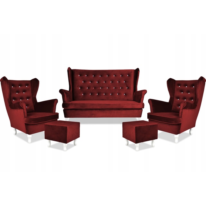 Set canapea, 2 fotolii si 2 suporturi Family Furniture, Catifea/Lemn, Rosu inchis
