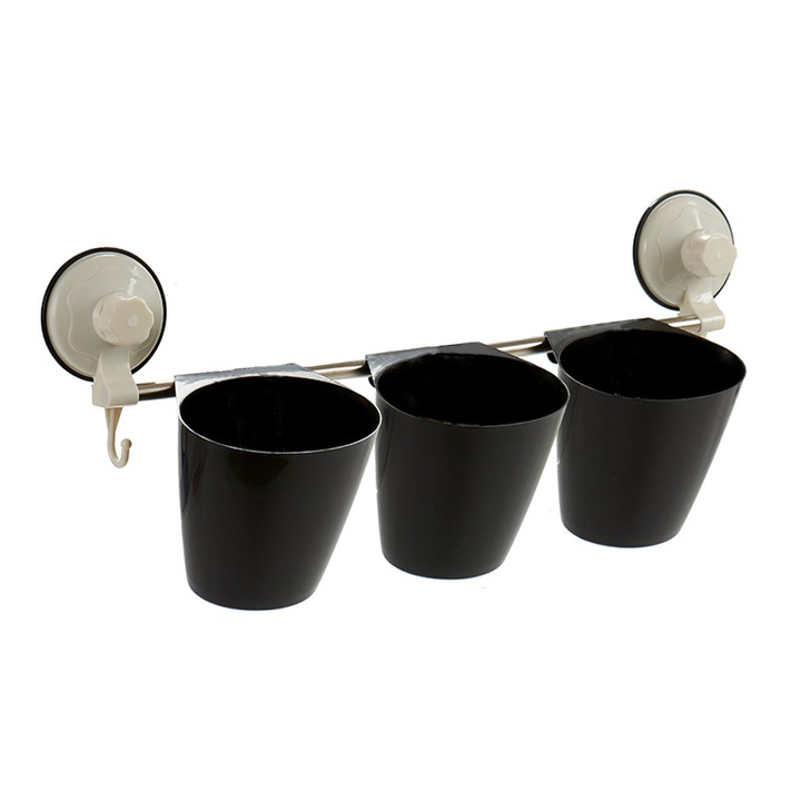 Suport pentru tacamuri si ustensile bucatarie cu 3 recipiente, Negru