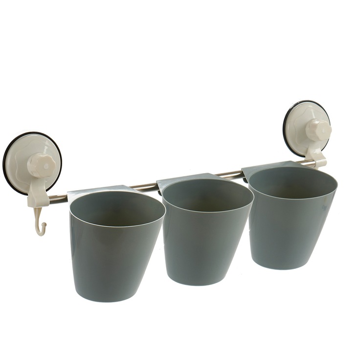 Suport pentru tacamuri si ustensile bucatarie cu 3 recipiente, Gri