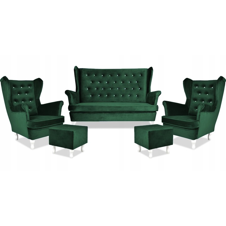 Set canapea, 2 fotolii si 2 suporturi Family Furniture, Catifea/Lemn, Verde inchis