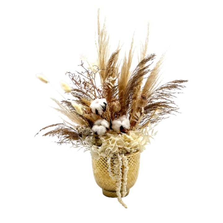 Aranjament floral in vas ceramic, bumbac natural si pampas, inaltime 45 cm