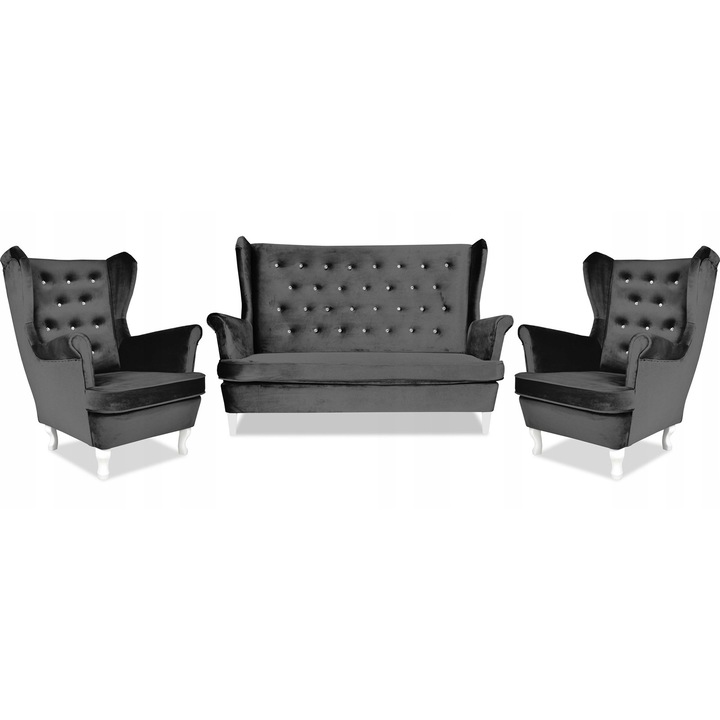 Set canapea si 2 fotolii Family, Stil scandinav, Catifea/Lemn, Grafit