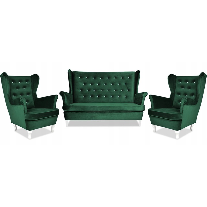 Set canapea si 2 fotolii Family Furniture, Stil scandinav, Catifea/Lemn, Verde inchis