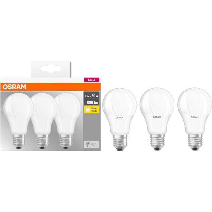 Set 3 becuri LED Osram Base Classic A60, E27, 8.5W (60W), 806 lm, lumina calda (2700K), clasa energetica F