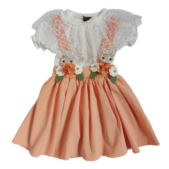 Set de rochita tip sarafan si tricou, Lady Gold, din Bumbac, Alb/Roz somon