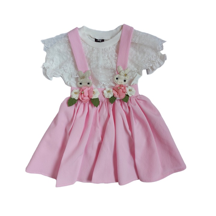 Set de rochita tip sarafan si tricou, Lady Gold, din Bumbac, Alb/Roz
