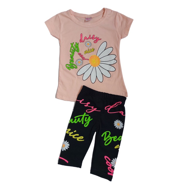Set de tricou si colanti trei sferturi pentru Fetite, Siri Life, Bumbac, Roz Somon/Negru