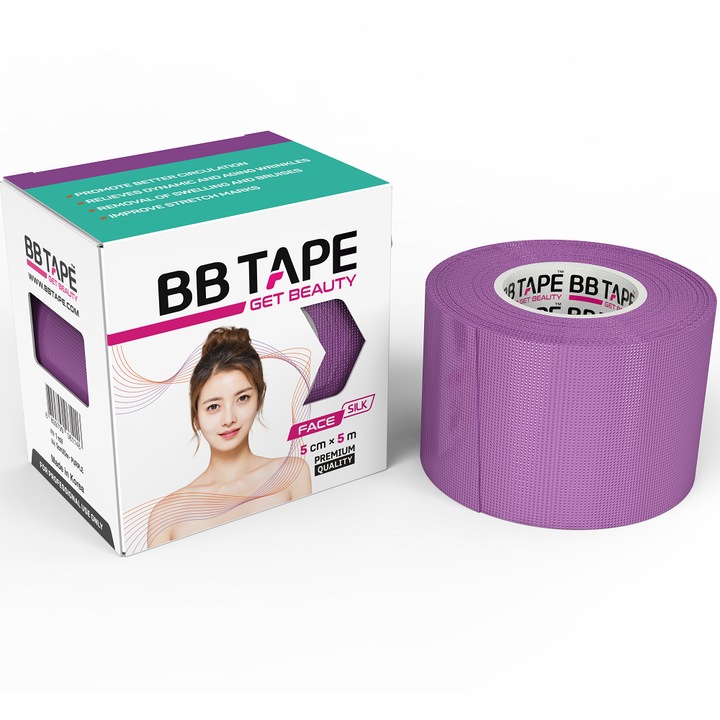 Коприненa кинезио лента за лице, BBTAPE, 5 см × 5 м, лилав