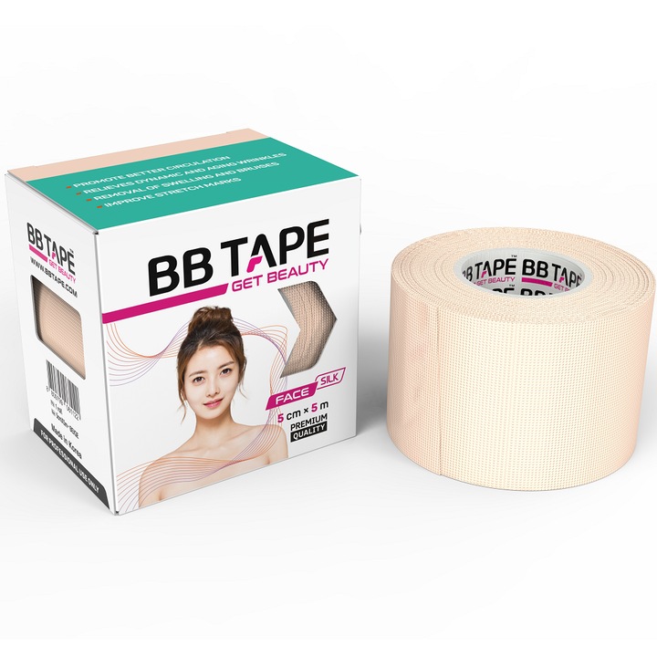 Коприненa кинезио лента за лице, BBTAPE, 5 см × 5 м, бежов