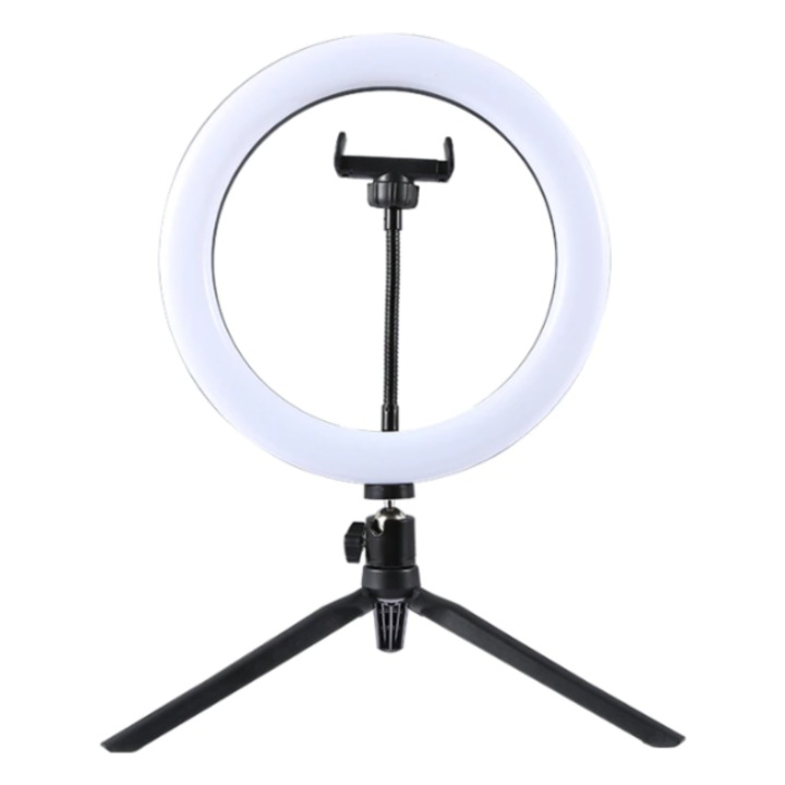 Lampa circulara Ring Light, diametru 26cm/10inch LED, conectare USB, 3 moduri de lumina, 10 trepte reglaj, suport pentru telefon, mini trepied pliabil din plastic, RIF REFCO