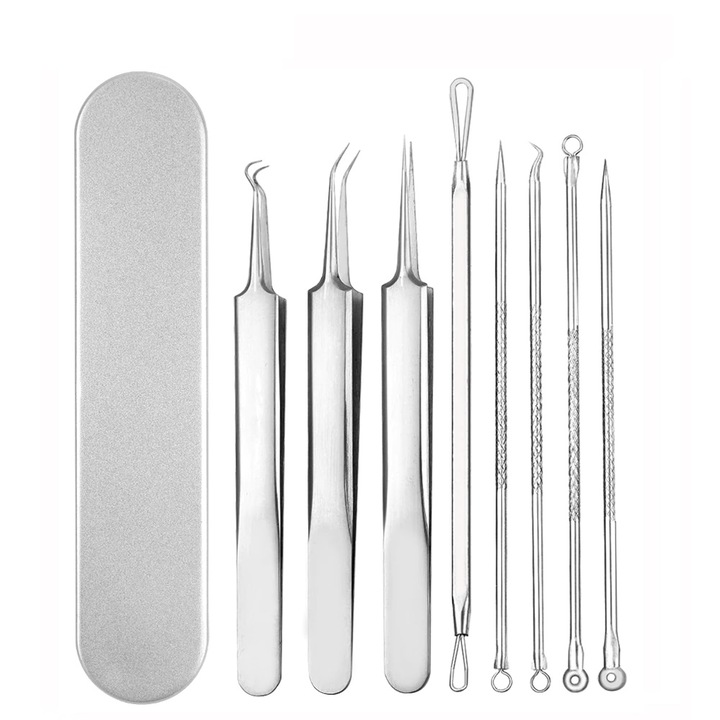 Set de curatare faciala, extractor cosuri, pucte negre, din inox sterilizabile