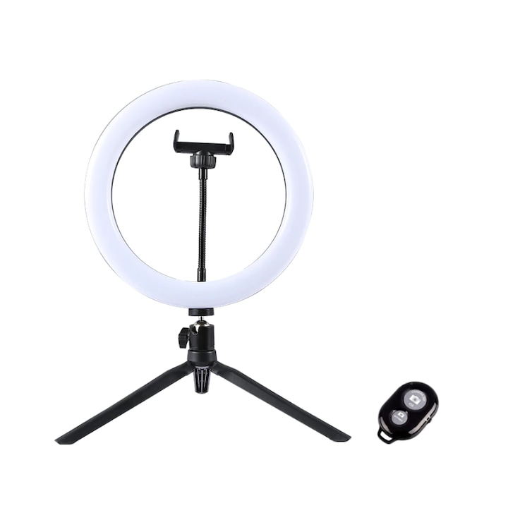 Lampa circulara Ring Light, diametru 26cm/10inch LED, conectare USB, 3 moduri de lumina, 10 trepte reglaj, suport pentru telefon, mini trepied pliabil din plastic, telecomanda selfie, RIF REFCO