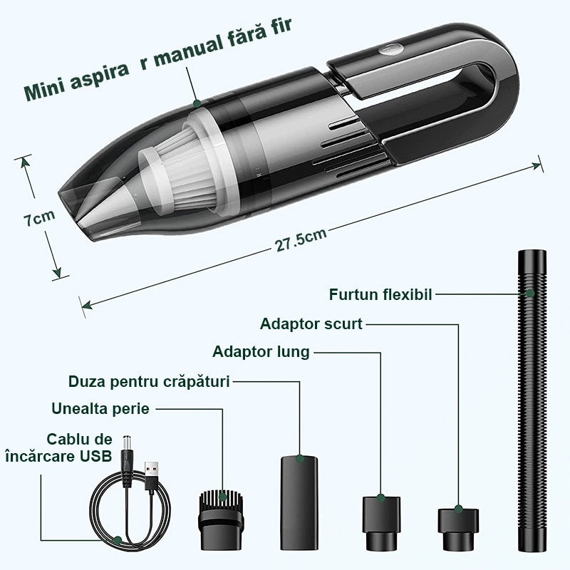 Aspirator de mana, Gomunly, Wireless, Reincarcabil, 6000 pa, 120W, Negru