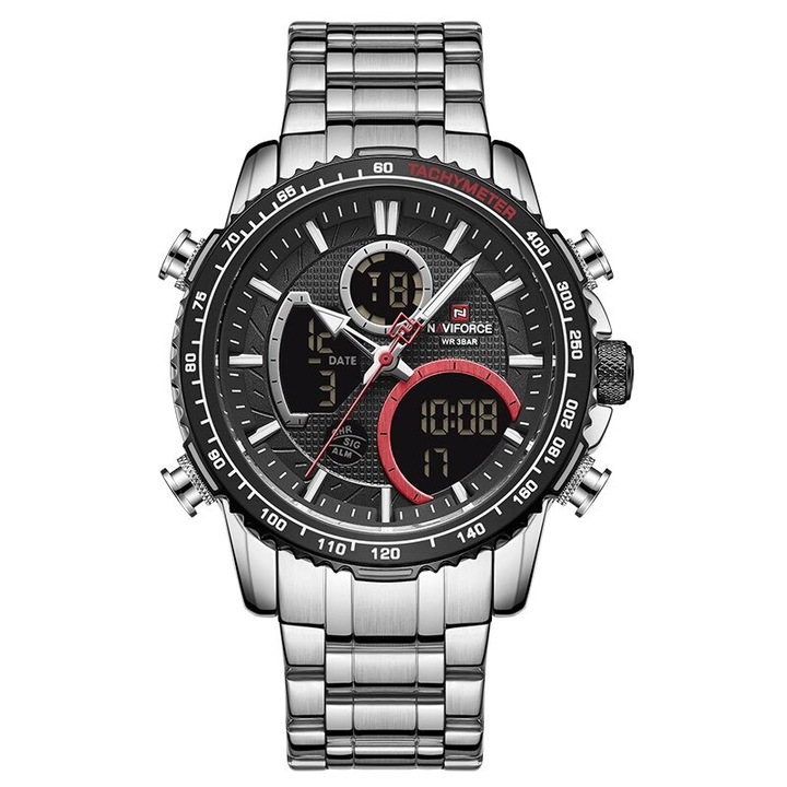 Мъжки часовник NaviForce Chrome, Хронограф, Двойно Време, Неръждаема стомана, Сребрист / Черен